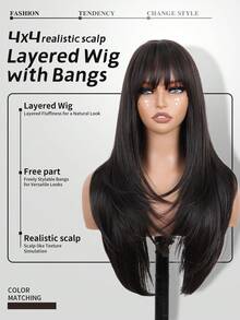 26英寸深棕色刘海假发，长款深棕色耐热合成纤维多层假发，适合日常佩戴和派对场合 - 彩色 - 查看 6