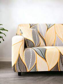 Yellow Line Leaf Texture Sofa Cover, Fully Wrapped Polyester Fiber Elastic Sofa Cover, Knitted Milk Silk All Season Universal Sofa Cover - Orange - View 6