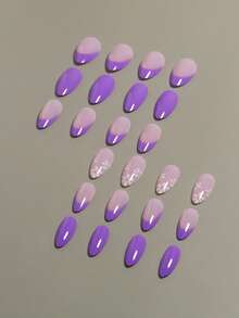 VV MEI JIA ER 24pcs Medium Size Purple Almond Flower Pattern Wearable Press-On Nails, Includes 1 Nail Glue Tape And 1 Nail File, Nail Art Supplies - Purple - View 4