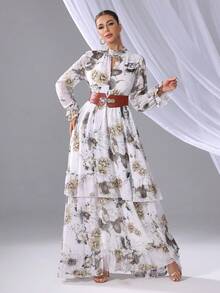 长款阿拉伯风格梭织面料连衣裙，钥匙孔领口，常规长袖，多层荷叶边下摆 - 彩色 - 查看 8