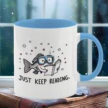 1pc, 11oz, Ceramic Coffee Mug, Fish Reading Pattern Fun Mug, Dishwasher , Ideal Gift For Family/Friends/Colleagues, Perfect For Holiday/Party/Birthday Presents, Suitable For Book Lovers, Book Stack Mug, Office Mug, Party Favors, Quirky Design, Novelty Coffee Cup, Smooth Glaze, Sturdy Construction, Unique Coffee Cup, Collectible Mug, Office Workers, Gift Shoppers - Light Blue - View 1