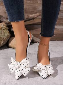 Novos Sandálias Mule de Salto Alto Fino com Bico Fino, Laço Decorativo e Bolinhas para Mulheres - Bege - Visão 3