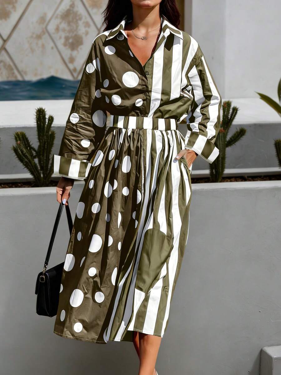 大码女式条纹波点休闲印花连衣裙，时尚优雅，适合日常出行和度假穿着 - 卡其色 - 查看 1