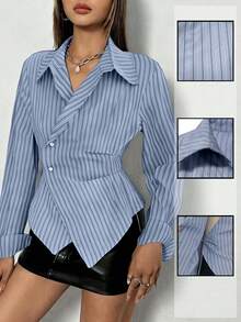 Camisa de manga larga con cuello plisado, cruce de tirantes en la cintura, para uso casual, oficina, citas y en casa, otoño/invierno - Azul - Ver 1