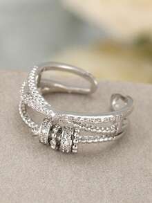 1入組時尚不銹鋼方晶鋯石和珠子裝飾開口戒指適合男士女士日常裝飾 - 銀色 - 查看 2