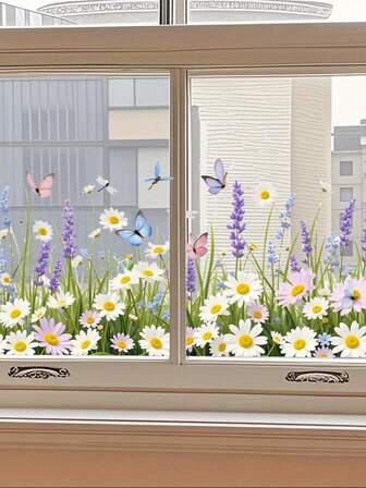 1片装春季白色菊花蝴蝶墙贴，彩绘小雏菊蜻蜓窗贴，春夏花卉主题玻璃墙装饰，PVC自粘可移除防水墙贴，适用于家居装饰，客厅、卧室、浴室、窗户、卫生间等，春季装饰品，让您的家焕然一新。