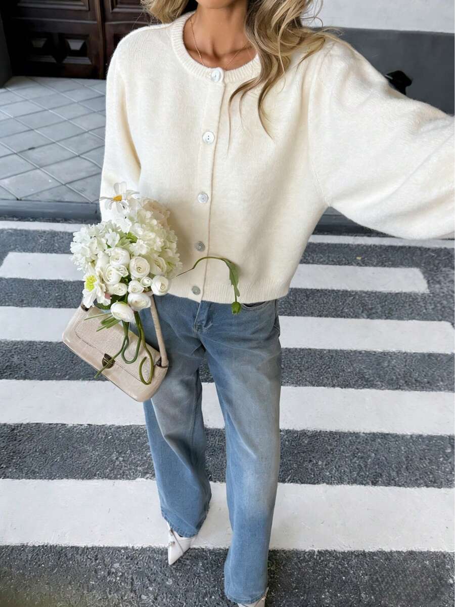女士休闲宽松小圆领拉链前开设计纯色针织开衫,适合日常穿着和旅行,秋冬季 - 杏色 - 查看 1