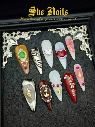10pcs Handmade Baroque Style Nail Art Full Cover Sharp Stiletto Nails, Gold, Red, White, Brown Metallic French Tip Nails With Vintage 3D Star, Rose, Heart, Bow, Pearl Decals, Suitable For Christmas, Valentine's Day, New Year And Daily Wear, Comes With Gel Stickers And Nail File.