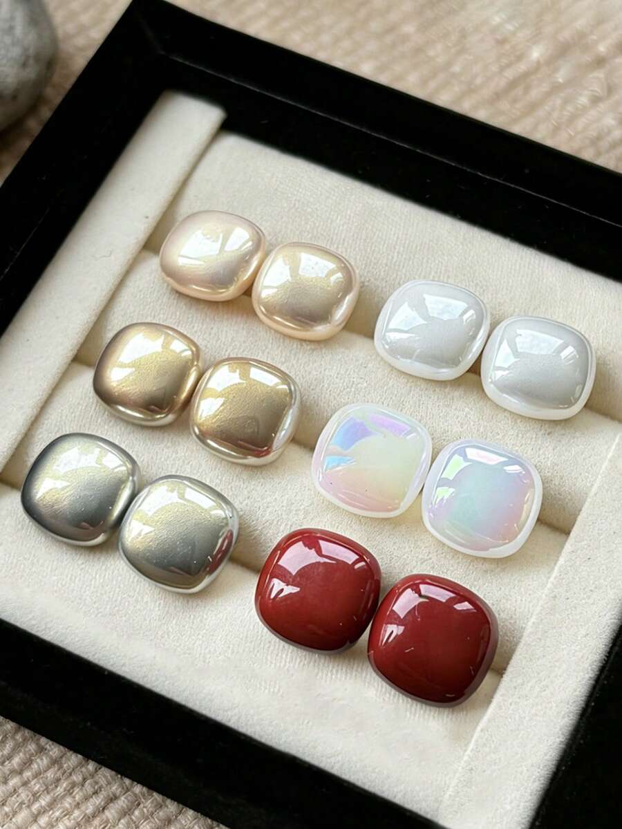 1 Pair Minimalist Geometric Square Pearl Stud Earrings For Women, Elegant Luxury Vibe, Versatile Daily Wear, Delicate Unique Earrings - Pearl - View 1