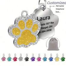 Personalized Engraved Pet Name Tag - High-Quality Glitter Paw Shape Cat Dog Collar ID Tag, Customized Pet ID Tag With Glitter Paw Design