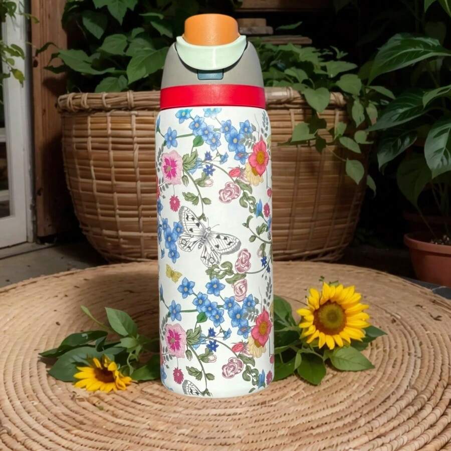 Owal'o 32oz Stainless Steel Insulated Water Bottle - Keeps Beverages Hot Or Cold For Extended Periods, Available In Various Floral Designs, Features A Pop-Up Lid, Carrying Handle, And Straw, Perfect For Outdoor Activities, Car Use, Sports, And As A Gift. - 杏色 - 查看 1