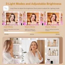 Makeup Vanity Desk With Mirror And Lights, White Vanity With Glass Top, 3 Colors LED Lights & Power Outlet, Vanity With RGB Drawers, Adjustable Lighted Dressing Table For Women & Girls Bedroom - 美規A型插(110-127V) - 查看 6