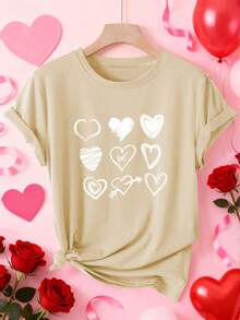 Women's Valentine's Day Love Heart Print T-Shirt - Short Sleeve Round Neck Casual Blouse With Hand-Drawn Cupid & Amorous Phrases, S-XXL Sizes, Spring - 杏色 - 查看 6