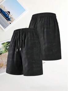 Men's Summer Camo Shorts With Drawstring Waist And Side Pockets, Suitable For Running, Basketball, Workout And Other Sports - Black - View 1