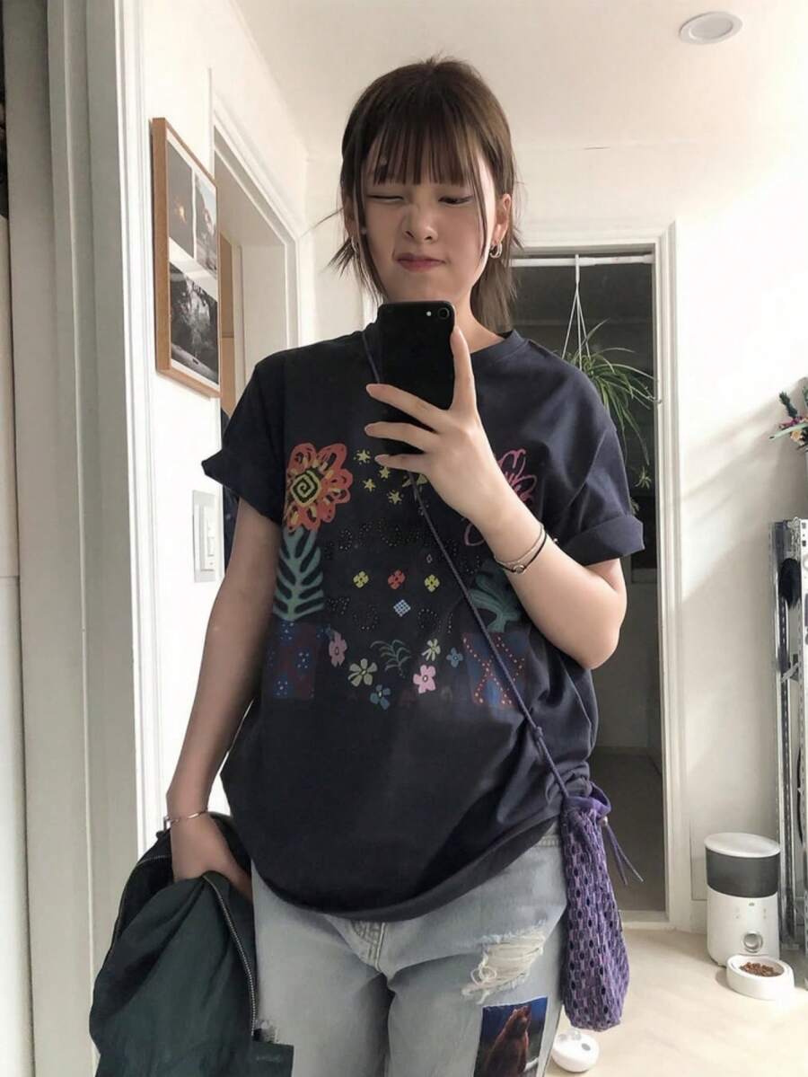 女士Y2K波西米亚风宽松T恤 - 彩色花卉植物印花休闲短袖T恤，复古美学上衣，适合夏季街头风格