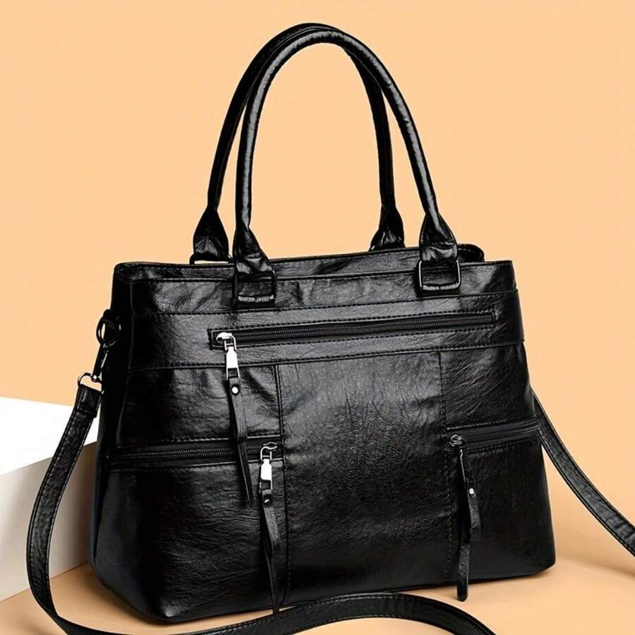 Retro Style Women's Crossbody Bag - Multi-Layer Design Removable Shoulder Strap, Zipper Closure, Options Dark Brown/Grey/Yellow/Black - màu đen - Xem 1