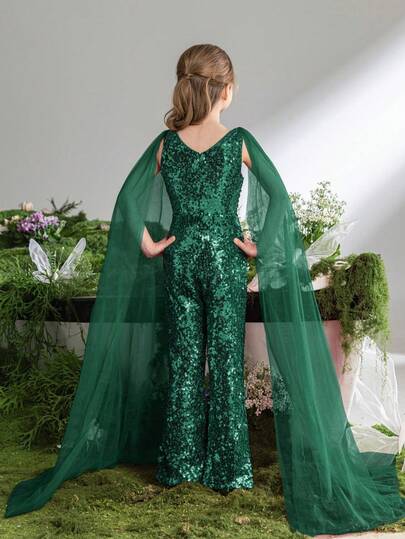 ALISA&LEO Mono con escote en V con lentejuelas y chal extra largo transparente - Vestido formal elegante para niñas, mono versátil para fiesta adecuado como atuendo encantador para sesión de fotos