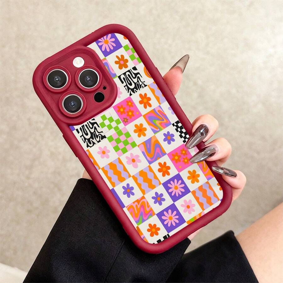 Funda de teléfono flores retro, estilo psicodélico, for compatible with iPhone 17/17pro/17promax/17Air/iphone16/16pro/16plus/15/15promax/15pro/11/12/13/14promax/12mini/13mini/11pro/11promax/12pro/12promax/13pro/13promax/14pro/14promax, regalo colorido de verano - Burdeos - Ver 1