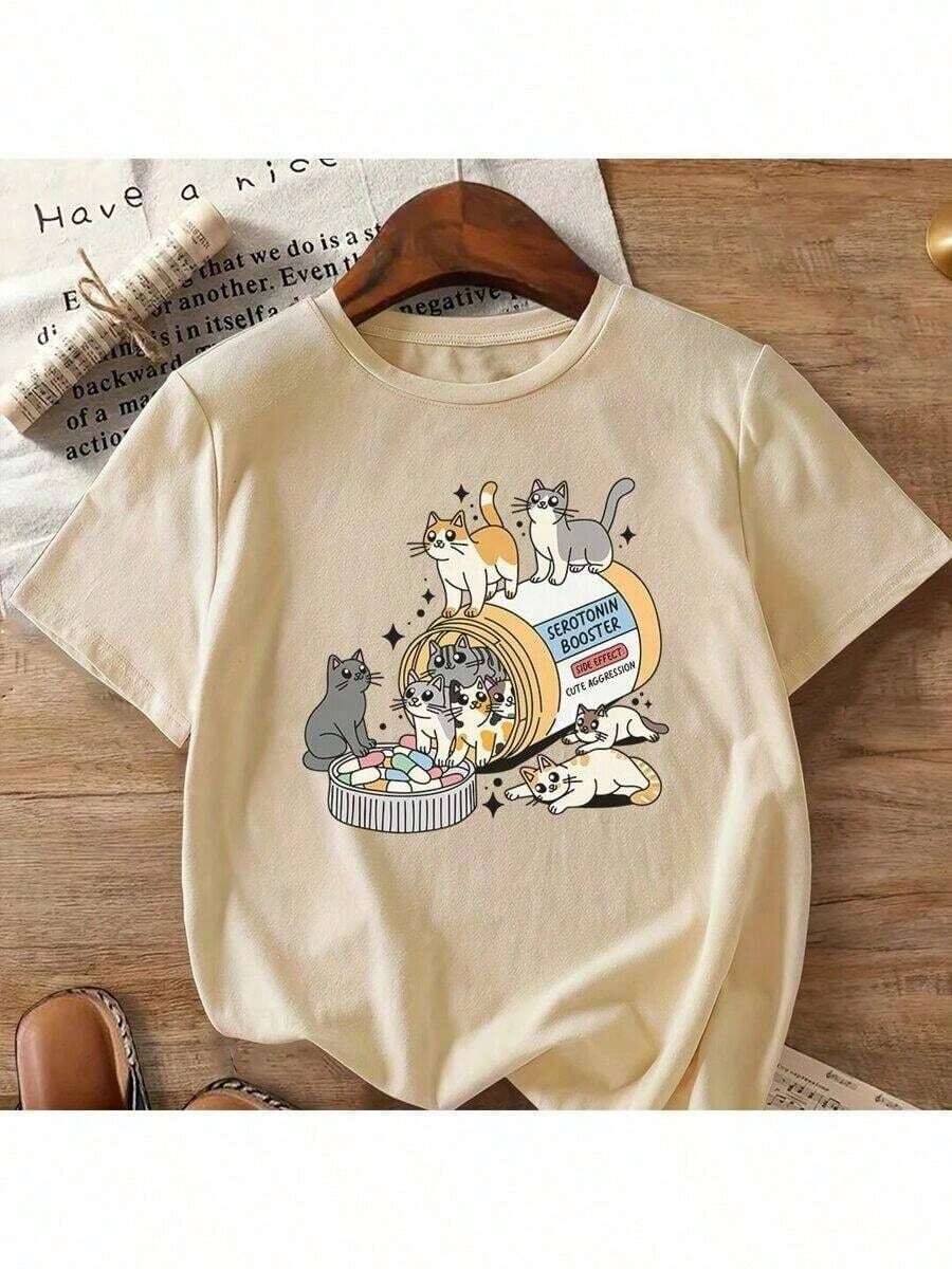 Unisex Cotton T-Shirt With Serotonin Booster Side Effect - 卡其色 - 查看 1