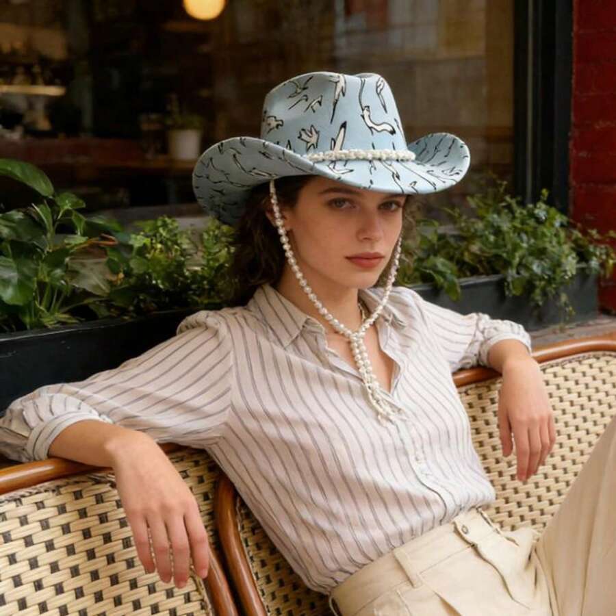 Women Cowgirl Hat, Bird Print Pearls Soft Wide Brim Hat Western Hat For Club Party - Blue - View 1