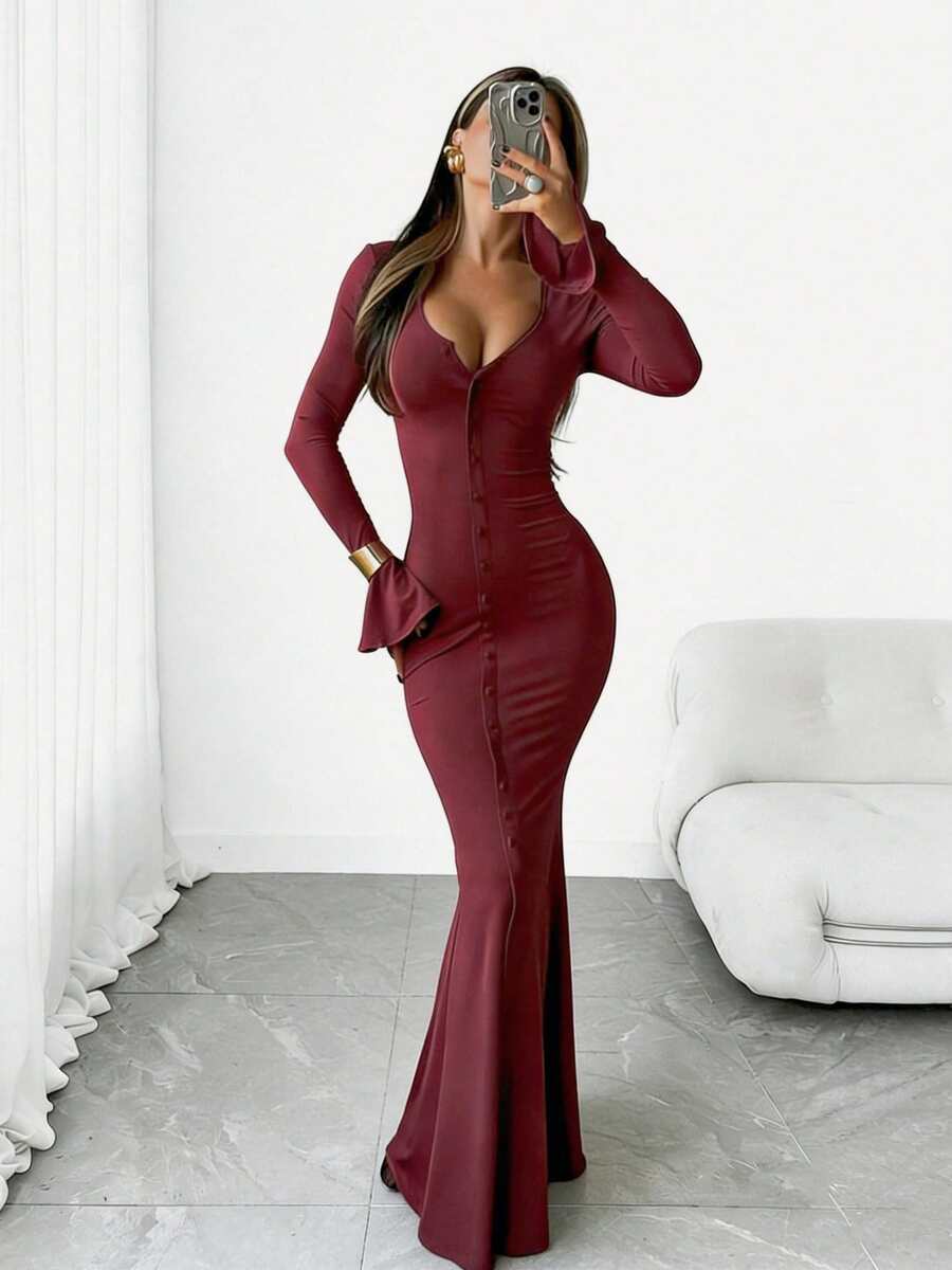 优雅女士针织修身长连衣裙，圆领荷叶边装饰，长袖，前襟纽扣，开衩下摆，适合春夏穿着 - 酒紅色 - 查看 1