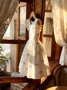 Girls Ivory White Elegant Cute Butterfly Print Princess Dress, Cap Sleeve Round Neck Dress, Spring/Summer - Beige - View 3