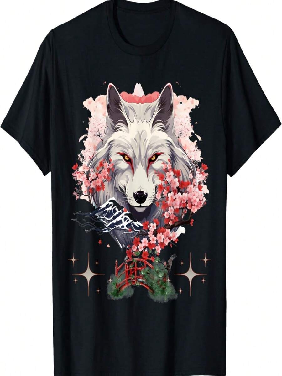 Okami Wolf  Anime Kawaii Blossom Cherry Flower T-Shirt(16) - Black - View 1