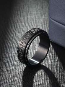 Men Geometric Detail Ring Black Titanium Steel Fashion Punk For A Stylish Look - Black - View 17