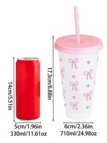 1个/5个装 710毫升/24.98盎司 可重复使用塑料杯，带粉色丝带、吸管和盖子，塑料吸管杯，粉色蝴蝶结心形吸管杯，旅行杯，塑料杯，奶茶杯，冰咖啡杯，夏季饮料杯，大容量果汁杯，为您的冰咖啡、水、奶昔提供充足空间 - 彩色 - 查看 3