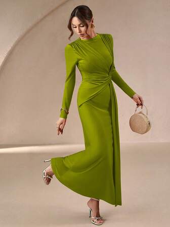 Women's Elegant & Gentle Round Neck Long Evening Dress - With Tie Waist Belt, Suitable For Party Dress, Formal Dinner, And Romantic Valentine's Day/New Year Wear