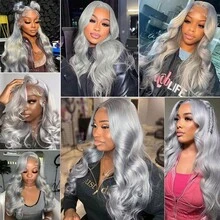 250 Density Silver Grey Lace Front Wig Human Hair Body Wave 13X4 Transparent Grey Lace Front Wigs Human Hair Body Wave Glueless Wig Pre Plucked With Baby Hair Gray Lace Frontal Wigs For Women - 銀灰 - 查看 6