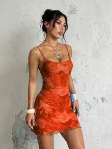 A Summer Dress With Bright Mesh Print And Halter Straps Vacation Outfits Women Valentines Day Dress Pink Dress Elegant Dresses For Party - Orange - View 3