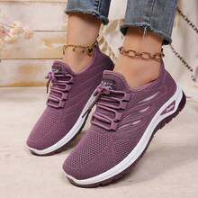 Tênis Casuais Femininos Plus Size, Sapatos de Malha Respirável, Design de Três Listras Laterais com Cadarço Baixo, Fácil de Vestir e Tirar, Presente Feminino, Adequado para Corrida, Caminhada, Transporte e Uso Diário em Todas as Estações - Roxo - Visão 1