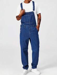 210 Autumn Winter New Large Size Men's Denim Jumpsuit, Minimalist Style Basic Versatile, Plus Size Loose Straight Fit, Not Picky About Body Shape, Vintage Washed Classic Blue, Suitable For All Seasons, Elastic Fabric Soft And Comfortable, Machine Washable, Essential For Daily Casual Wear, Simple Fashion Plus Size Men's Denim Overalls - Màu xanh đậm - Xem 4