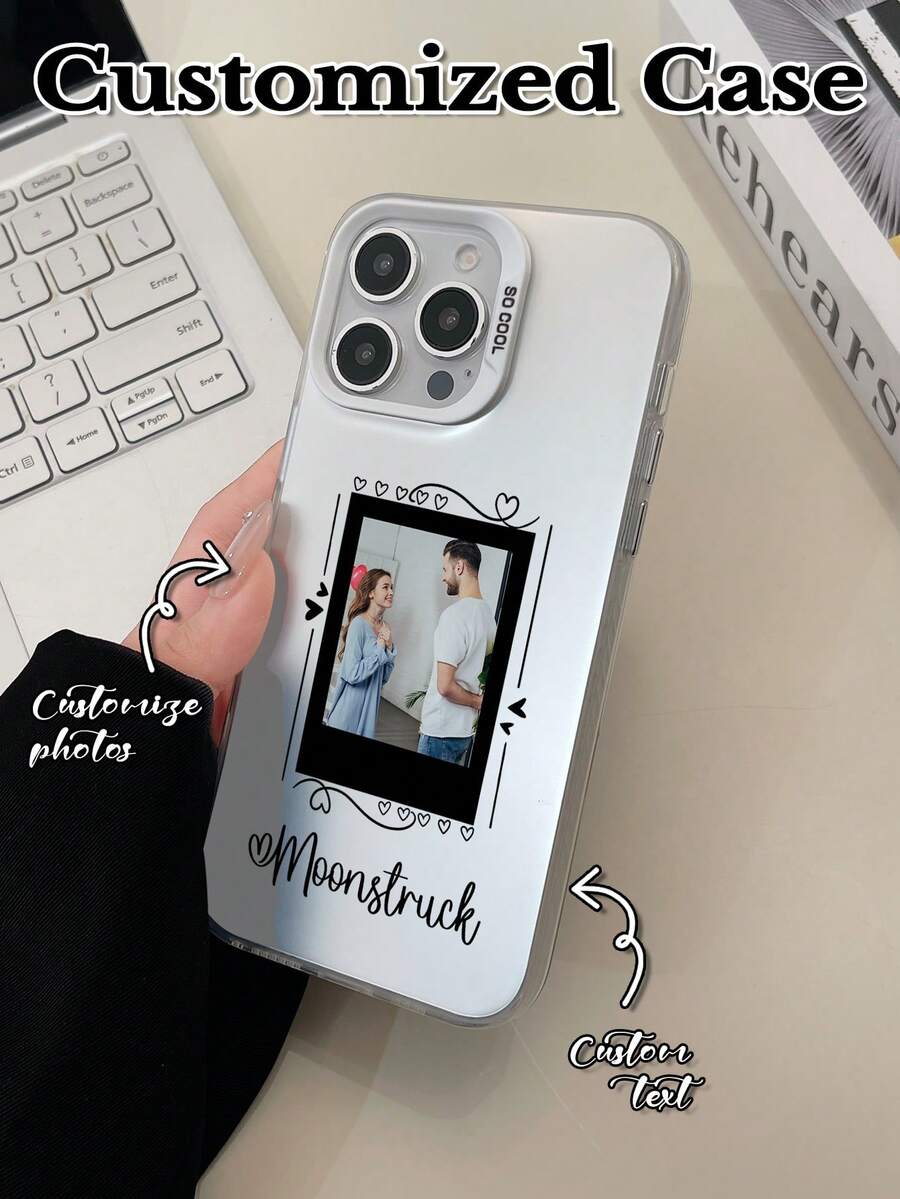 1pc Customized Valentine's Day Heart & Text Design, Personalized White Hollow Lens Protective Phone Case, Suitable For IPhone 17 Air, 16, 15, 14, 13, 12, 11 Pro Max - White - View 1