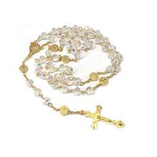 1PCS Pink Crystal Cross Rosary Necklace Transparent Colorful Crystal Necklace Jewelry - 粉紅水晶念珠項鍊-金色 - 查看 10