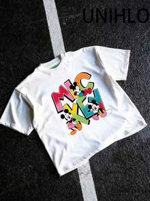 Disney UNIHLO Street Life Men's Casual Loose  Mickey Cartoon  Print Short Sleeve T-ShirtSummer - trắng - Xem 2