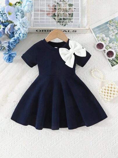 Baby Girl Short Sleeve Dress | White Bow Decor, Cinched Waist, Flared Skirt, Soft & Comfortable, Adorable & Elegant Style, Suitable For Daily Wear & Occasions