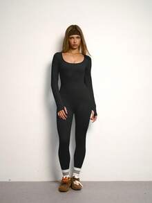 PinkTip 黑色经典长袖圆领紧身连体裤，修身塑形，适合户外活动和日常穿着，黑色连体裤，适合健身、瑜伽、跑步