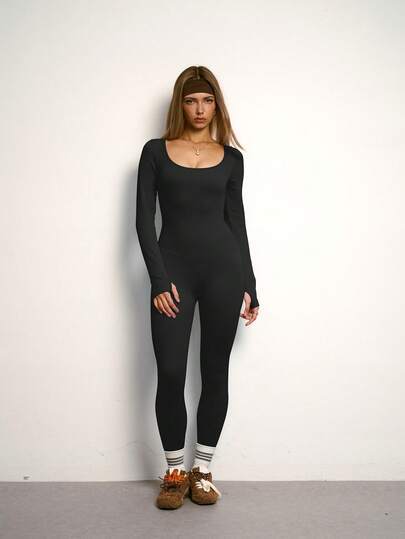 PinkTip 黑色经典长袖圆领紧身连体裤，修身塑形，适合户外活动和日常穿着，黑色连体裤，适合健身、瑜伽、跑步