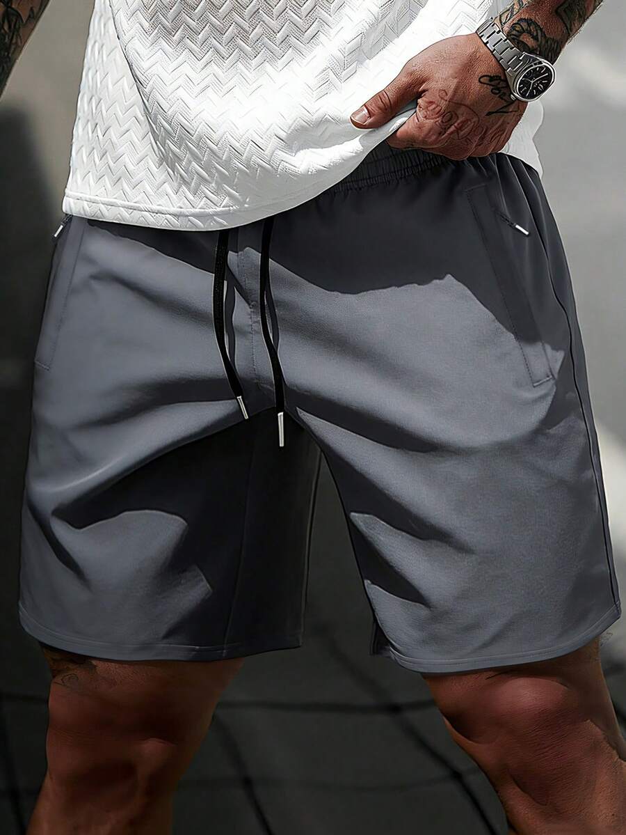 Pantaloncini casual da uomo, pantaloncini sportivi estivi, colore unito versatile per uso quotidiano - Grigio - Visualizzare 1