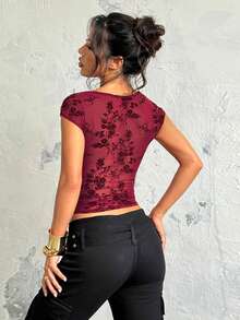 Solid Color Mesh Sheer Sexy Vintage Short Sleeve Top, Suitable For Cocktail Party - Burgundy - View 5