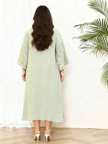 2026 New Style Ramadan Traditional Elegant Floral Embroidered Beaded V-Neck Dress With Tassel Trim For Women - Green - View 12