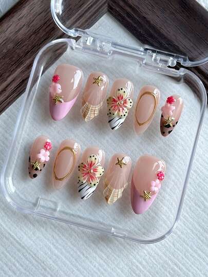 10pcs Y2K Almond-Shaped Handmade Press-On Nail Stickers, Spring/Summer Collection, Pink, Leopard, Zebra Prints, 3D Embossed French Tips, Gold Nails, 3D Floral Carving, 3D Floral Stickers, Starfish Crystal Decor Acrylic False Nails, Suitable For Girls And Women For Daily, Vacation And Travel Nail Decoration, Includes Jelly Gel And Nail File.