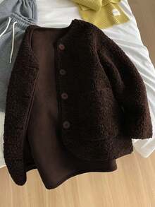 Plus Size Women Brown Teddy Faux Fur Button Front Long Sleeve Cardigan Jacket, Fashionable Outerwear With Slight Stretch - Brown - View 3