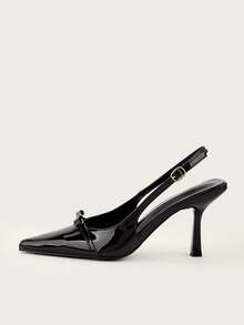 Pointed Toe Patent Leather Minimalist Commuter Bow Buckle Office Stiletto High Heels - Black - View 5