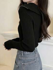 女式修身百搭拉链半领长袖针织毛衣上衣 - 黑色 - 查看 10