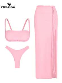 3pcs Pink Bikini Swimsuit Set, Fashionable Bandeau Swimwear, High Slit Swimsuit, With Cover-Up, 2026 New Swimwear Collection, Half Cover-Up Swimsuit, Holiday Beach Outfit - Pink - View 6