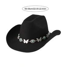 Sombreros de vaquera para mujer, estilo fedora jazz de ala ancha enrollada estilo western con cinturón decorativo de mariposa turquesa. - Caqui - Ver 7