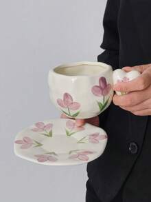 一套郁金香陶瓷咖啡杯碟，欧式心形把手陶瓷杯碟，不对称设计，手工制作陶瓷杯碟，家用早餐牛奶杯、水杯、咖啡杯碟、下午茶杯，礼品杯 - 彩色 - 查看 13